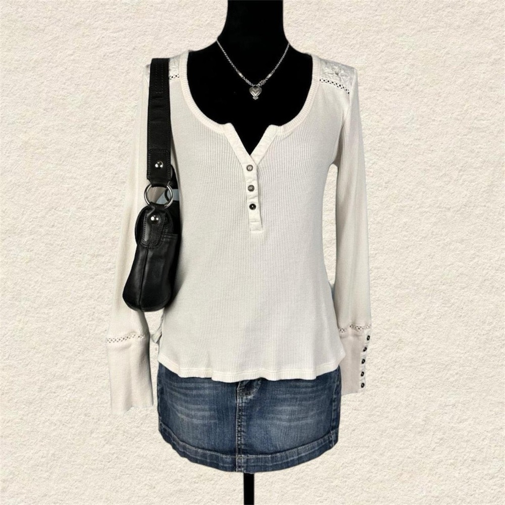 Women's White Embroidered Long Sleeve Waffle Knit Top